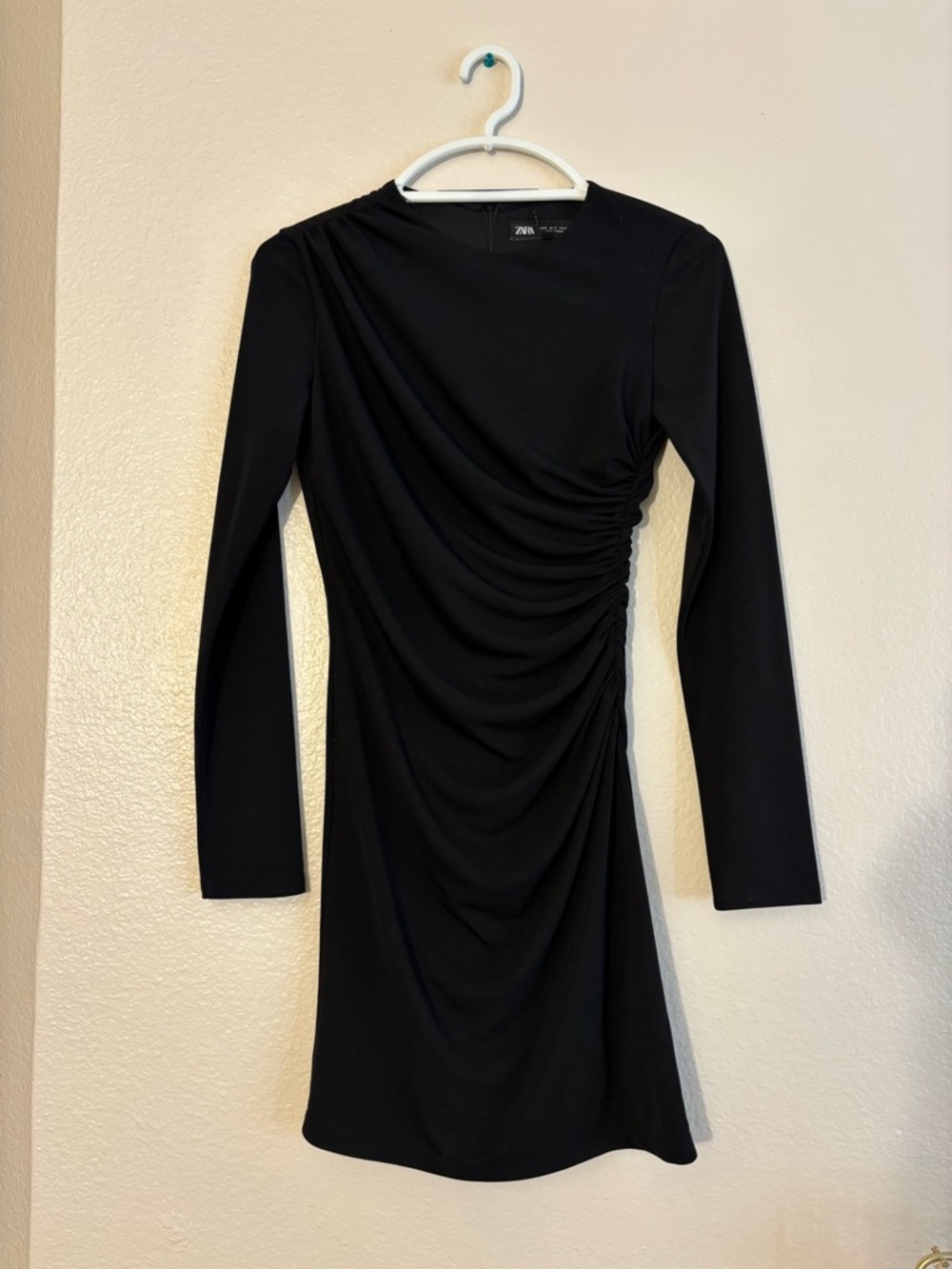 Zara Black Long-Sleeve Ruched Side Mini Dress